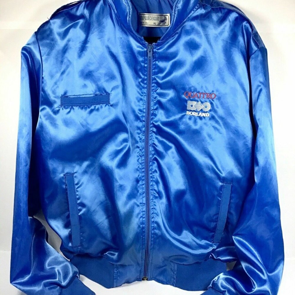 Vintage Capricorn 1980's Borland Quattro BLUE SATIN Jacket GEEKWEAR - Size XL